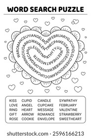 Black and white word search game puzzle for kids with heart. English words. Isolated vector illustration eps 10