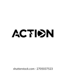Black and white wordmark logo design for the word action with a play button symbol integrated into the letter o