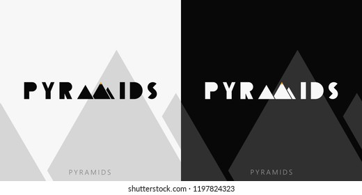 Black and white wordmark pyramids icon. Logo pyramids. Typography. Identity logotype. Brand mark. Brand design. Pyramids design. Visual identity. Illustration. Logo design. Company icon. Travel icon.