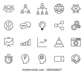 Schwarz-Weiß-Arbeitsumgebung und Produktivitäts-Thinline-Symbolsatz 