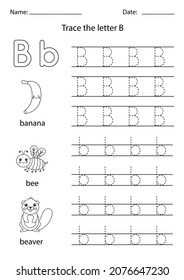 Black and white worksheet for learning English alphabet. Trace uppercase and lowercase letter B.