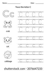 Black and white worksheet for learning English alphabet. Trace uppercase and lowercase letter C.