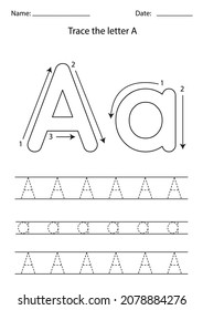 Black and white worksheet for learning English alphabet. Trace letter A. svg