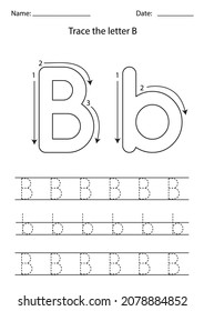 Black and white worksheet for learning English alphabet. Trace letter B.