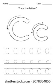 Black and white worksheet for learning English alphabet. Trace letter C.