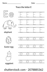 Black and white worksheet for learning English alphabet with pictures. Trace letter E.