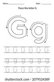 Black And White Worksheet For Learning English Alphabet. Trace Letter G.