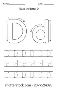 Black And White Worksheet For Learning English Alphabet. Trace Letter D.