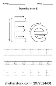 Black and white worksheet for learning English alphabet. Trace letter E.