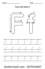 Black and white worksheet for learning English alphabet. Trace letter F.