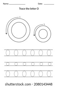 Black And White Worksheet For Learning English Alphabet. Trace Letter O.