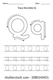 Black And White Worksheet For Learning English Alphabet. Trace Letter Q.