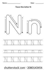 Black And White Worksheet For Learning English Alphabet. Trace Letter N.