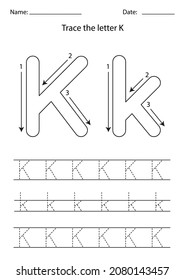 Black And White Worksheet For Learning English Alphabet. Trace Letter K.