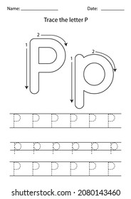 Black And White Worksheet For Learning English Alphabet. Trace Letter P.