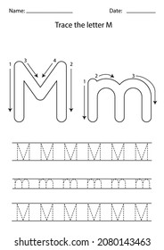 Black And White Worksheet For Learning English Alphabet. Trace Letter M.