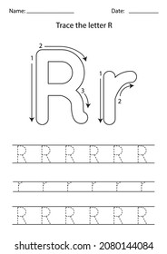 Schwarz-Weiß-Arbeitsblatt zum Lernen des englischen Alphabets. Trace Letter R.