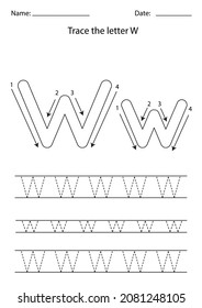 Black And White Worksheet For Learning English Alphabet. Trace Letter W.