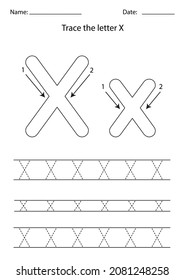 Black And White Worksheet For Learning English Alphabet. Trace Letter X.