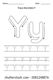 Black And White Worksheet For Learning English Alphabet. Trace Letter Y.