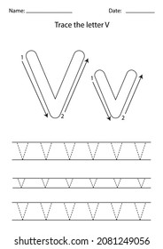 Black and white worksheet for learning English alphabet. Trace letter V.