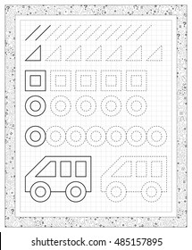 Black and white worksheet on a square paper with exercises for little children. Developing skills for writing and drawing. Vector image.