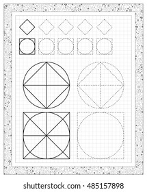 Black and white worksheet on a square paper with exercises for little children. Developing skills for writing and drawing. Vector image.