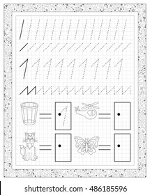 Black and white worksheet on a square paper with exercises for little children. Page with number one. Developing skills for writing and counting. Vector image.