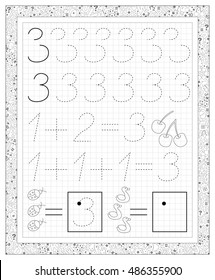 Black and white worksheet on a square paper with exercises for little children. Page with number three. Developing skills for writing and counting. Vector image.