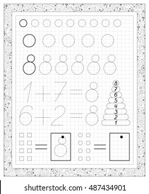 Black and white worksheet on a square paper with exercises for little children. Page with number eight. Developing skills for writing and counting. Vector image.