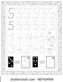 Black and white worksheet on a square paper with exercises for little children. Page with number five. Developing skills for writing and counting. Vector image.
