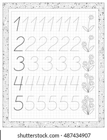 Black and white worksheet on a square paper with exercises for little children. Page with numbers from one to five. Developing skills for writing and counting. Vector image.
