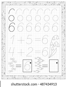 Black and white worksheet on a square paper with exercises for little children. Page with number six. Developing skills for writing and counting. Vector image.