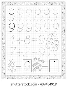 Black and white worksheet on a square paper with exercises for little children. Page with number nine. Developing skills for writing and counting. Vector image.