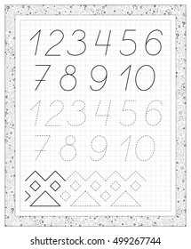 Black and white worksheet on a square paper with numbers. Developing children skills for writing and counting. Vector image.