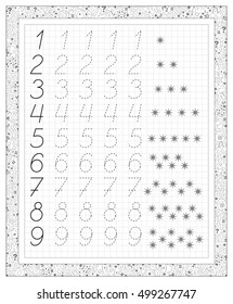 Black and white worksheet on a square paper with numbers. Developing children skills for writing and counting. Vector image.