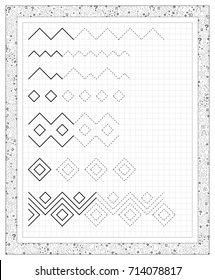 Black and white worksheet on a square paper with exercises for little children. Vector image.