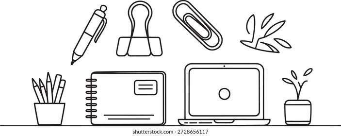 Black and White Workspace Illustration Featuring Laptop, Stationery, Plant and Study Essentials in Line Art Style