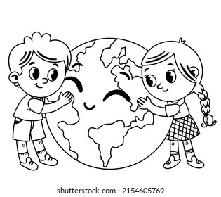 Clipart del Día Mundial del Medio Ambiente en blanco y negro con niños. Ilustración vectorial.