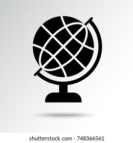 Black and white world globe icon with shadow. Vector illustration