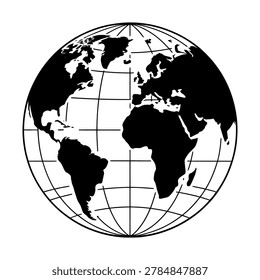 Black and white world map with continents and grid lines prime meridian globe illustra