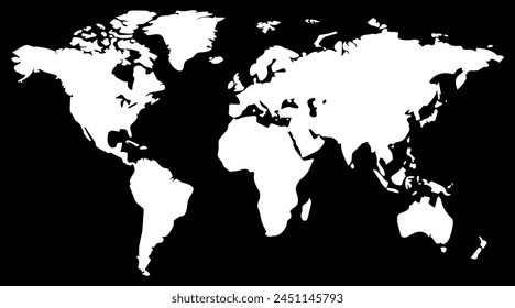 Schwarz-Weiß Weltkarte Illustration. In: Monochrome Global Earth Map. Kartografischer Hintergrund. Atlas Silhouette Bildschirmhintergrund.