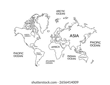 Mapa del mundo en blanco y negro con continentes y océanos etiquetados