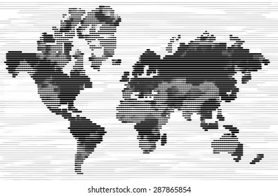 Black and white world map with line halftone effect