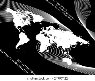 A black and white world map montage with binary code.  Works great for business internet communications and more.