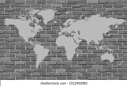 Black and white World map on a brick wall - Illustration