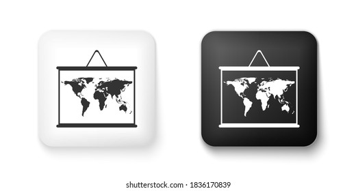 Mapa del mundo blanco y negro sobre un icono de la pizarra escolar aislado en el fondo blanco. Dibujo del mapa en pizarra. Botón cuadrado. Vector.