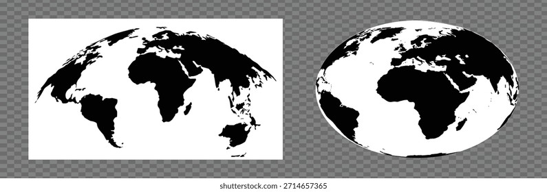 Schwarz-weiße Weltkarte auf grauem Hintergrund mit zwei Ansichten