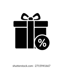 Icono sólido de la caja de regalo envuelta en blanco y negro con porcentaje de descuento