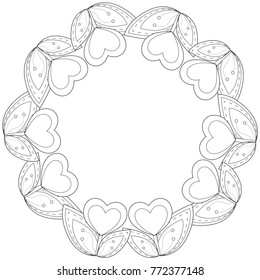 Black and white wreath with heart plants and leafs. Place for text. Coloring book page for adults and kids. Valentine day holiday vector illustration for gift card, flyer, certificate or banner